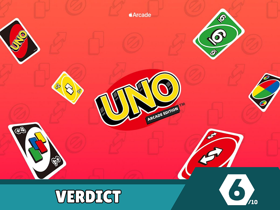 Image featuring UNO: Arcade Edition cover and the review verdict by Gaming Australia of a 6/10