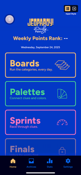 The menu screen of Jeopardy Daily on Apple Arcade featuring the three different game modes, Boards, Palettes, and Sprints amongst a blue background