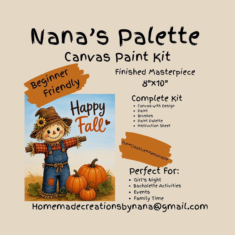 Happy Fall scarecrow canvas painting with pumpkins for Nana’s Palette DIY fall painting kit