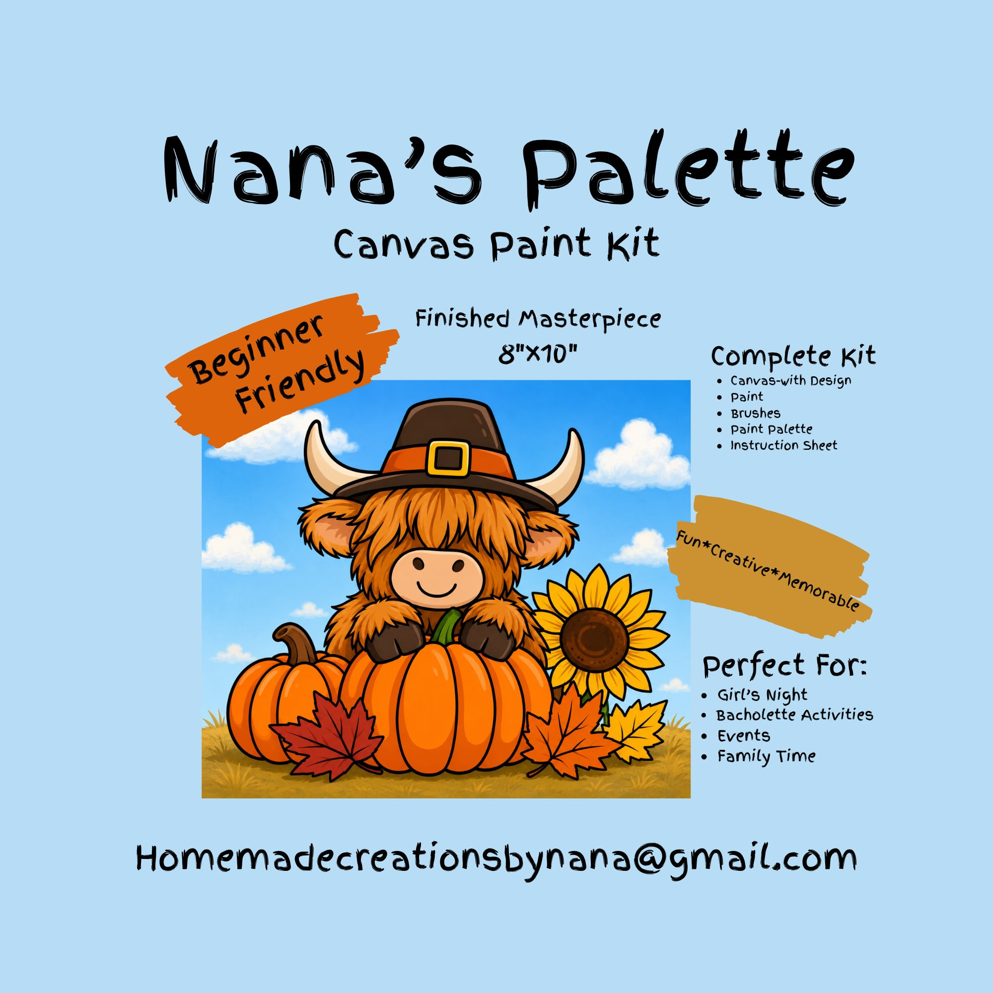 Highland Cow Fall Canvas Painting Kit by Nana's Palette