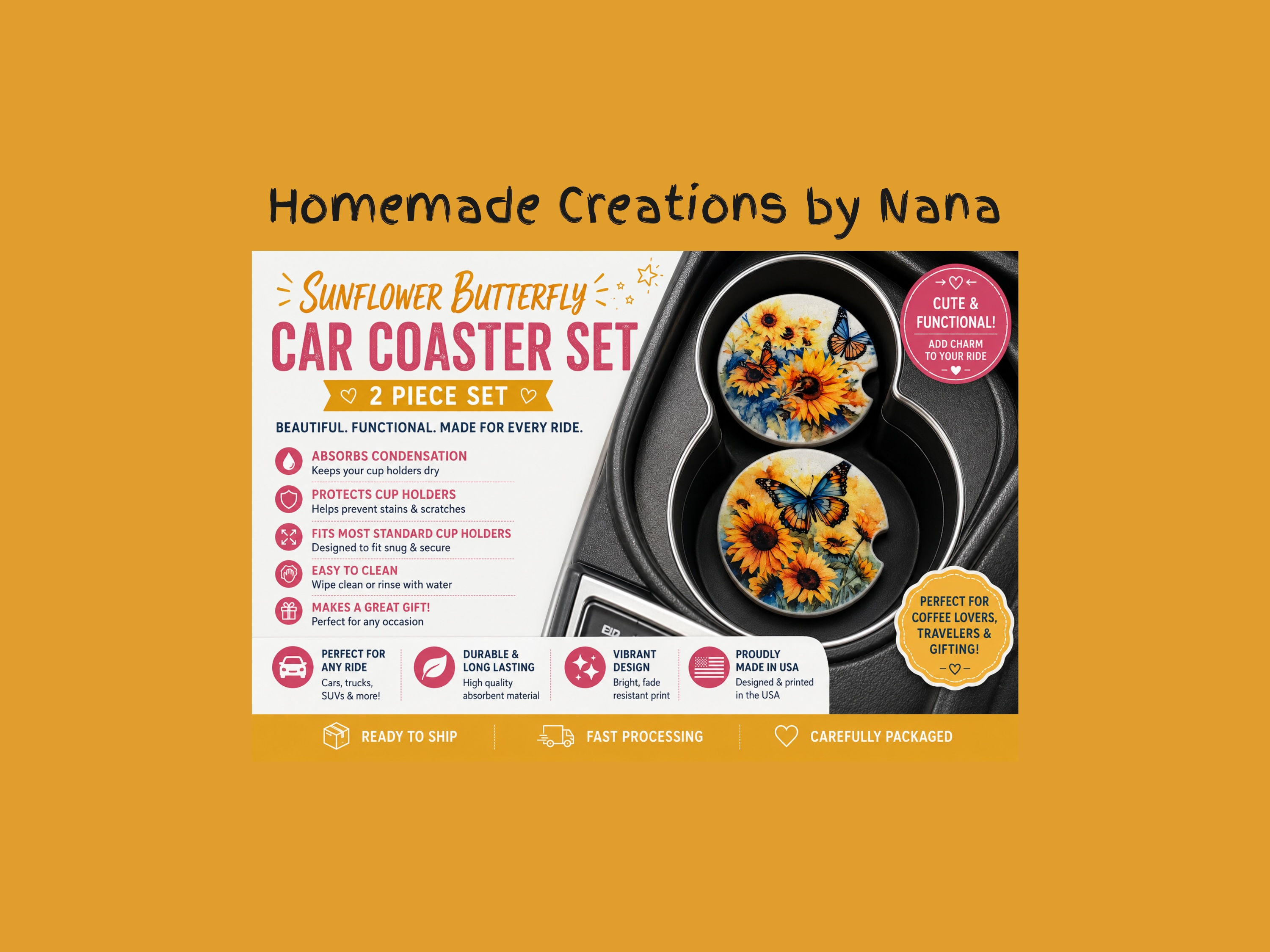 Sunflower butterfly car coaster set for vehicle cup holders