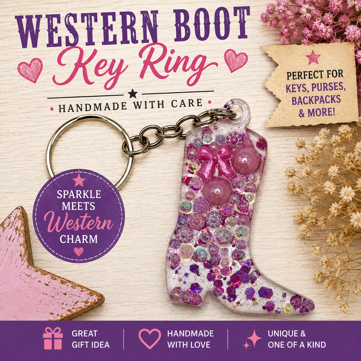 Handmade pink glitter resin western boot key ring with pink bow, iridescent sequins and sparkling embellishments.