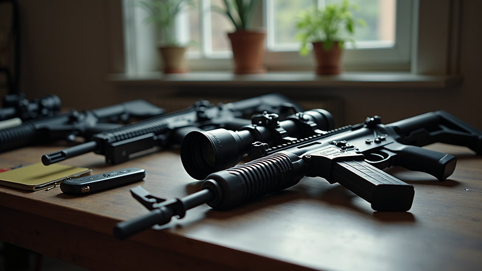 Eye-level view of tactical gear arranged on a table