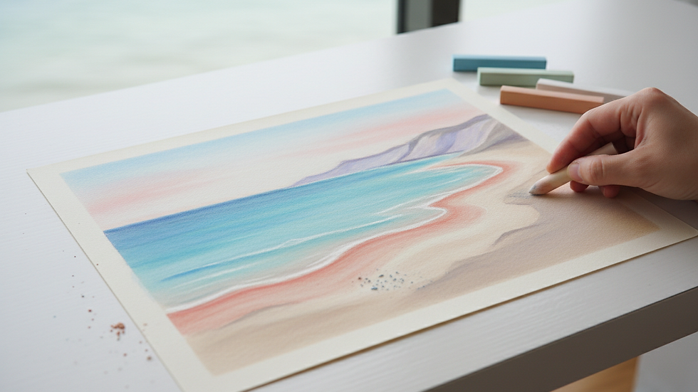 Eye-level view of a pastel drawing in progress showing blending of colors