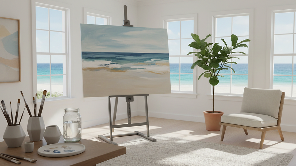 Eye-level view of an artist’s studio with brushes and canvas