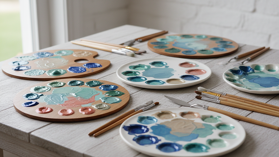 Close-up view of colorful paint palettes and brushes on a wooden table