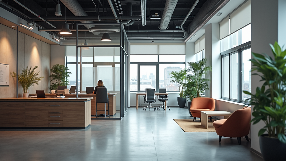 Wide angle view of a modern office with branding materials displayed