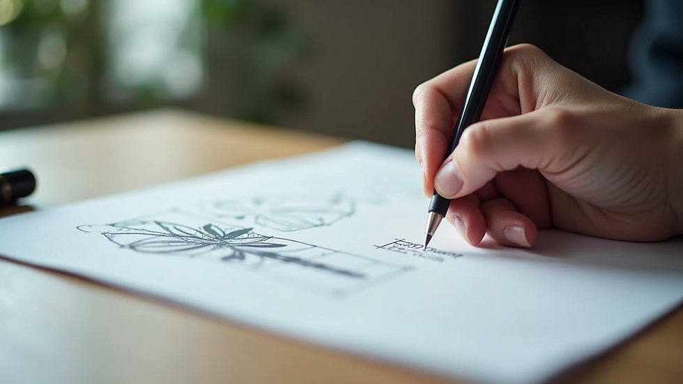 Close-up view of a designer sketching a logo concept on paper