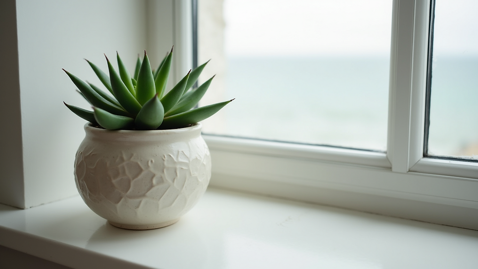 High angle view of a ceramic planter with a green succulent on a windowsill
