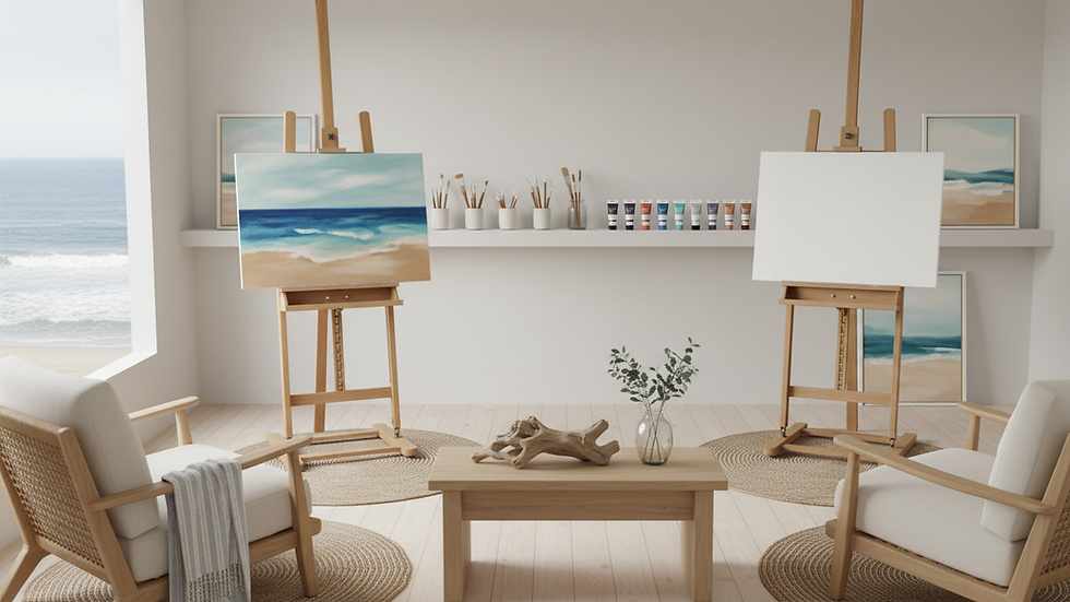 Eye-level view of a cozy art studio with easels and paint supplies