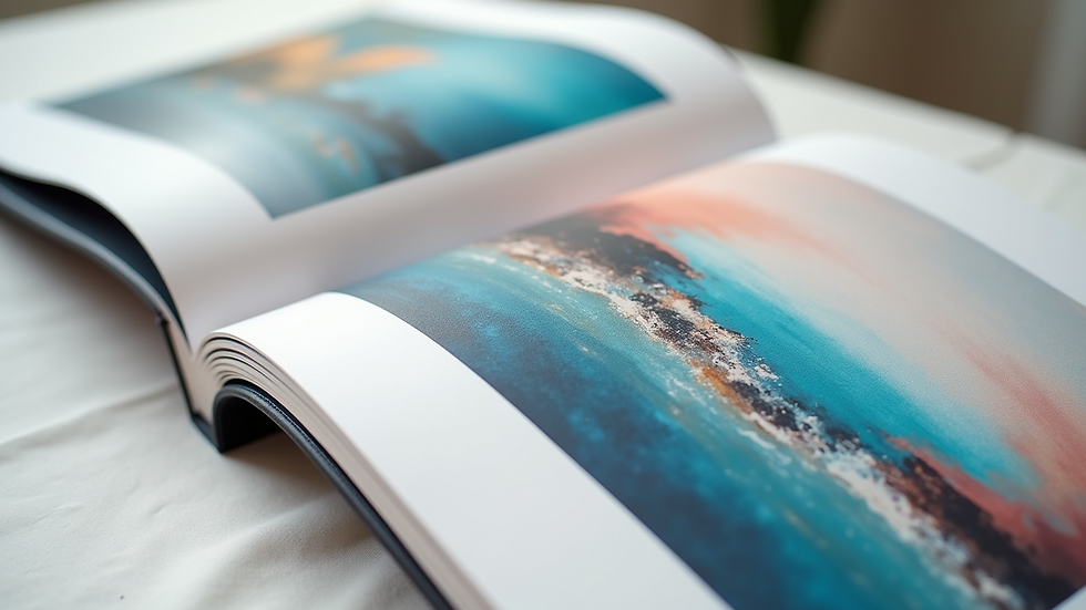 Close-up of a portfolio book open to colorful abstract paintings