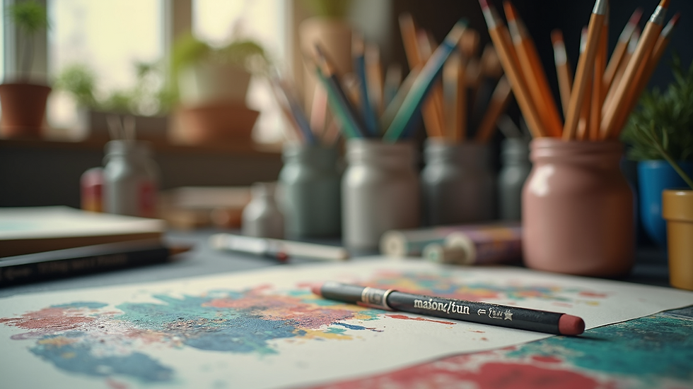 Close-up view of a creative workspace displaying various art supplies