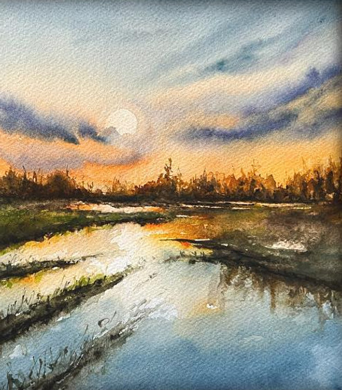 Sunset Over Marsh Watercolor Painting by Lindsey Maldonado