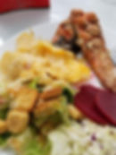 Salmon, Potatoes Au Gratin, and salad with beets