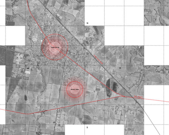 Mixed-use urban design concept for Bannockburn, Australia maximizing unused easement corridors with community sports facilities, green infrastructure, and recreational public space.