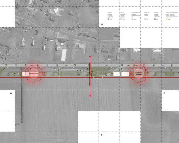 Mixed-use urban design concept for Bannockburn, Australia maximizing unused easement corridors with community sports facilities, green infrastructure, and recreational public space.