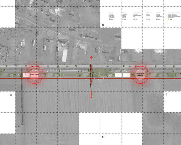 Mixed-use urban design concept for Bannockburn, Australia maximizing unused easement corridors with community sports facilities, green infrastructure, and recreational public space.