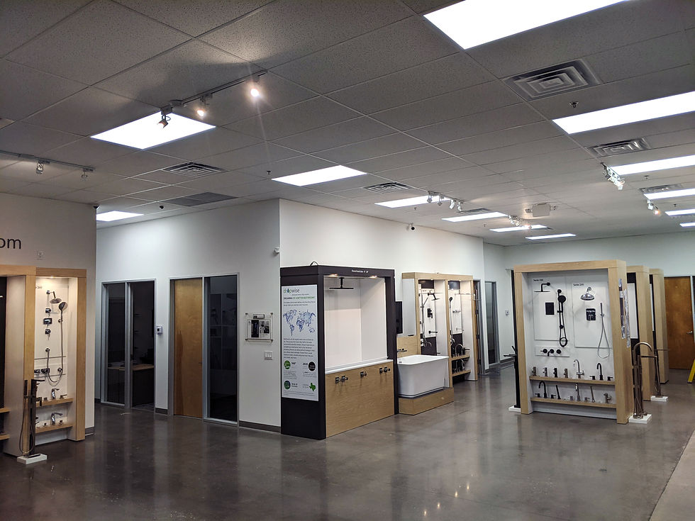 Working shower display in the Isenberg decorative plumbing showroom.