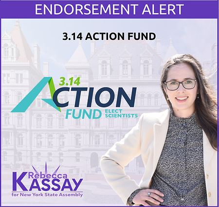 Graphic featuring Rebecca Kassay from the waist up with hand on right hip in a beige blazer with a transparent background of the NYS Capitol Building with the 3.14 Action Fund logo and text reading "endorsement alert, 3.14 Action Fund” and the logo reading "Rebecca Kassay for New York State Assembly"