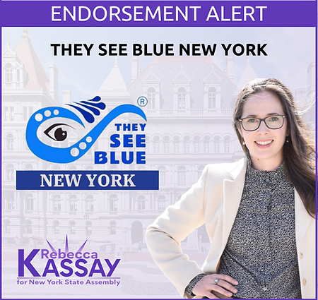 Graphic featuring Rebecca Kassay from the waist up with hand on right hip in a beige blazer with a transparent background of the NYS Capitol Building with the They See Blue New York logo and text reading "endorsement alert, They See Blue New York” and the logo reading "Rebecca Kassay for New York State Assembly"