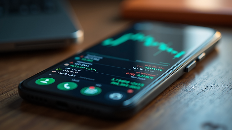 Close-up view of a smartphone showing forex trading app with currency pairs