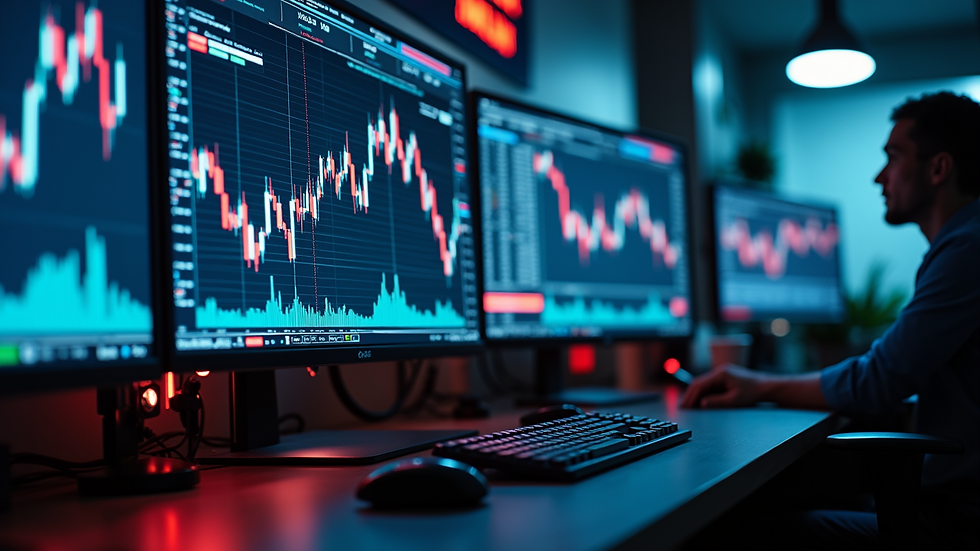 High angle view of a desk with multiple screens showing Forex market news and charts