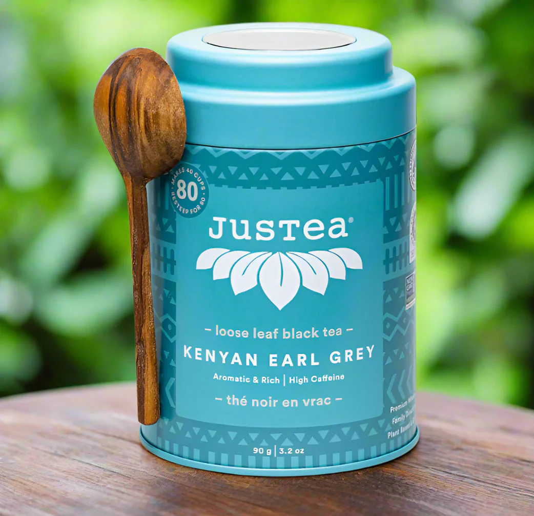 JusTea Kenyan Earl Grey tea, crafted with direct-sourced Kenyan tea leaves and natural bergamot flavor, popular in Canada.
