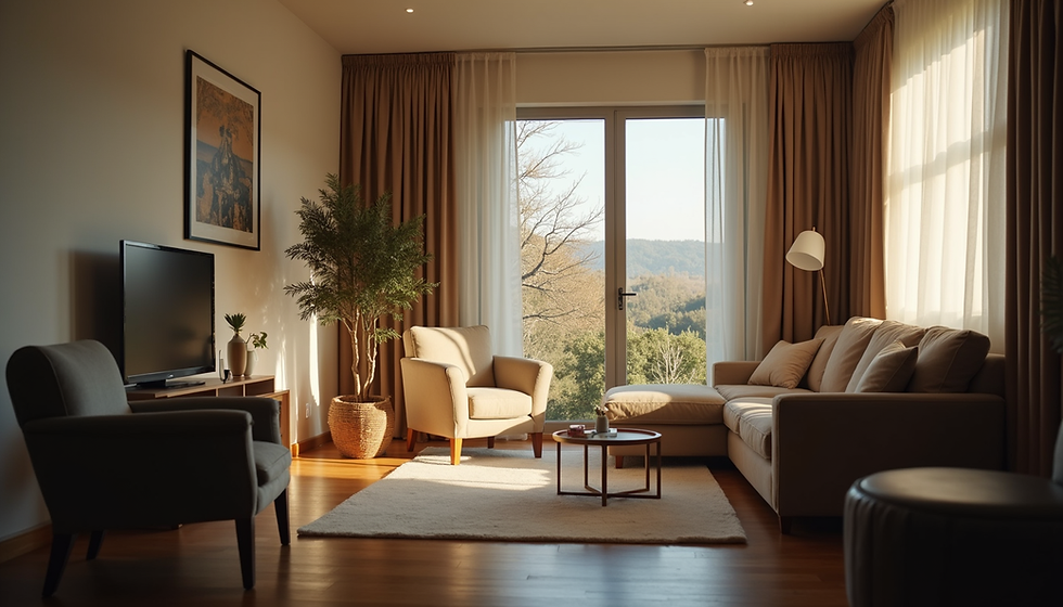 Room with warm furniture with a ray of sunshine coming in with TV and a plant. Warm and comfortable