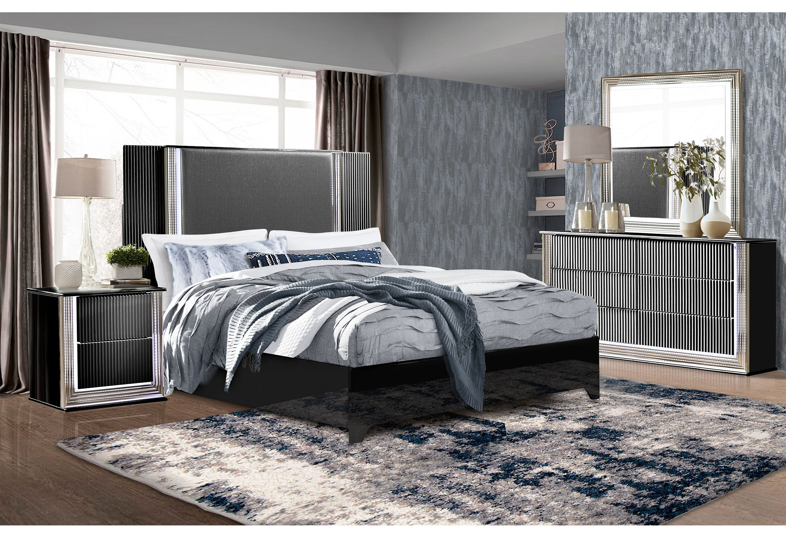 ASPEN BLACK BED GROUP AND VANITY SET WITH LED