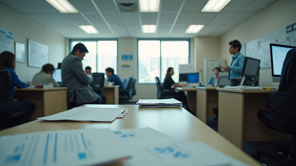 Eye-level view of a local accounting office with organized desks and paperwork