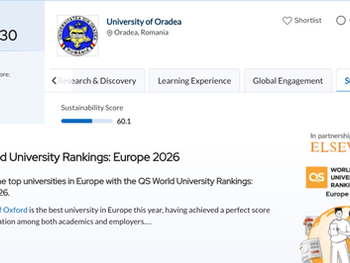 Universitatea din Oradea își consolidează poziția în QS World University Rankings: Europe 2026. INTERVALUL 521-530 LA NIVEL EUROPEAN și TOP 7 Universități din România