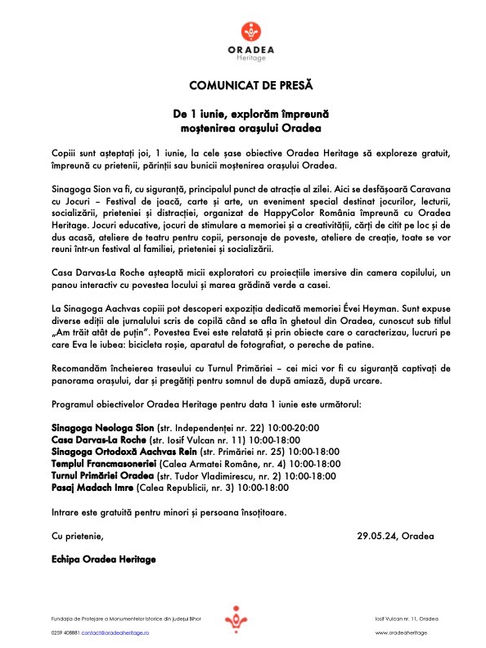 Programul acțiunilor Oradea Heritage de 1 iunie
