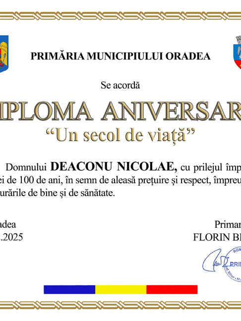 Primăria Oradea a premiat un centenarist. NICOLAE DEACONU, fost ofițer al Armatei Române a împlinit 100 de ani pe 27 noiembrie. Primarul Birta l-a trimis pe Vicele Filimon cu diploma și 1.000 de roni.