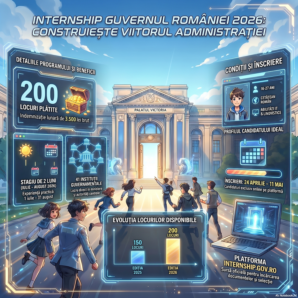 INTERNSHIP LA BOLOJAN. Vrei să vezi cum e în administrație? Guvernul a deschis Programul Oficial de Internship 2026. 200 locuri pentru tineri 16-27 ani. 1 iulie - 31 august 2026. 3.500 ron brut lunar