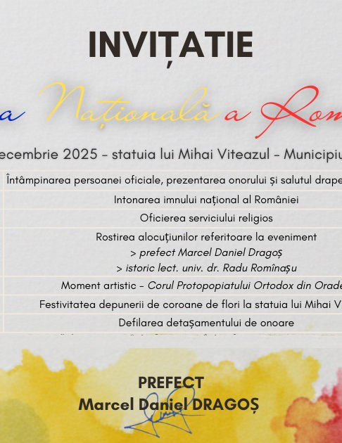 PREFECTURA BIHOR. Programul festivităților prilejuite de Ziua Națională a României. 1 decembrie. Piața Mihai Viteazul. 12,30 -13,30.