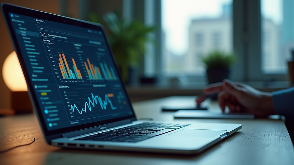 Eye-level view of a modern office desk with a laptop displaying data charts