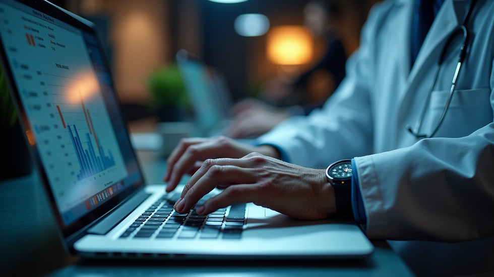 Eye-level view of a researcher analyzing data on a laptop