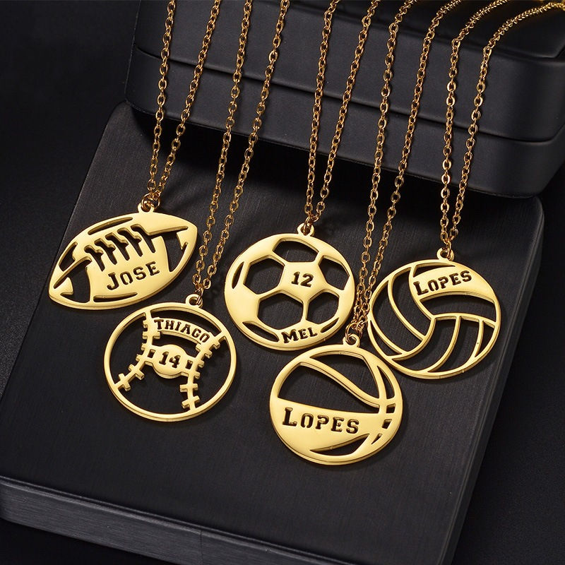 Thumbnail: Custom Letters Logo Hollow Basketball Football Rugby Necklace