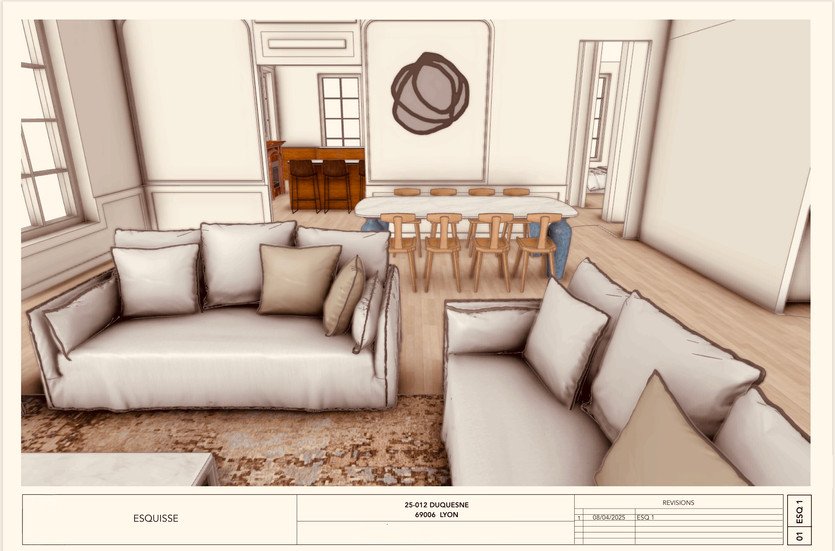 Vue 3D du séjour et de la salle à manger réalisée dans le cadre d’un audit immobilier avant achat à Lyon.