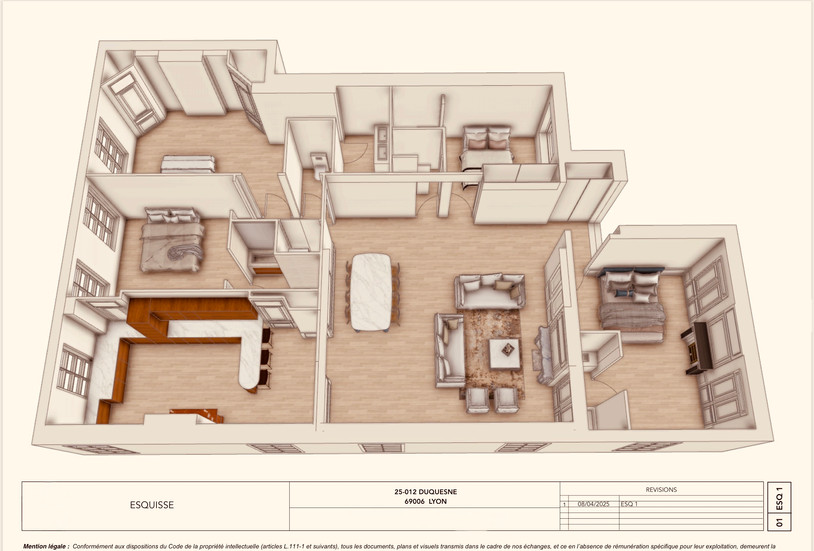 Projection d’aménagement intérieur réalisée lors d’un audit immobilier avant achat par un architecte d’intérieur à Lyon.