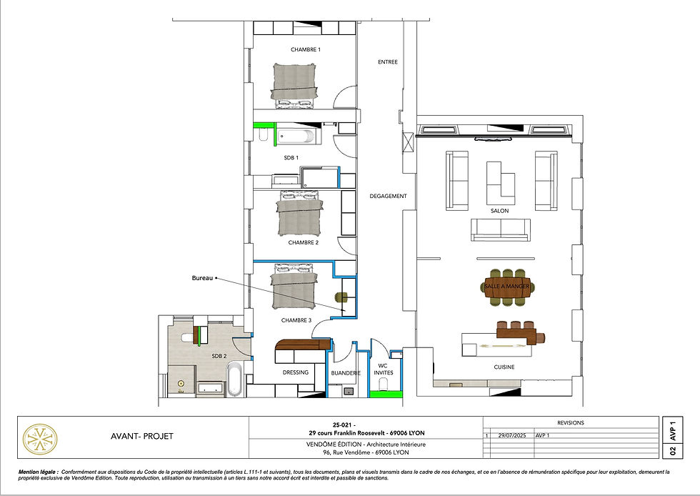 Plans et vues 3D d’une mission d’architecte d’intérieur à Lyon, de l’audit du bien au suivi de chantier