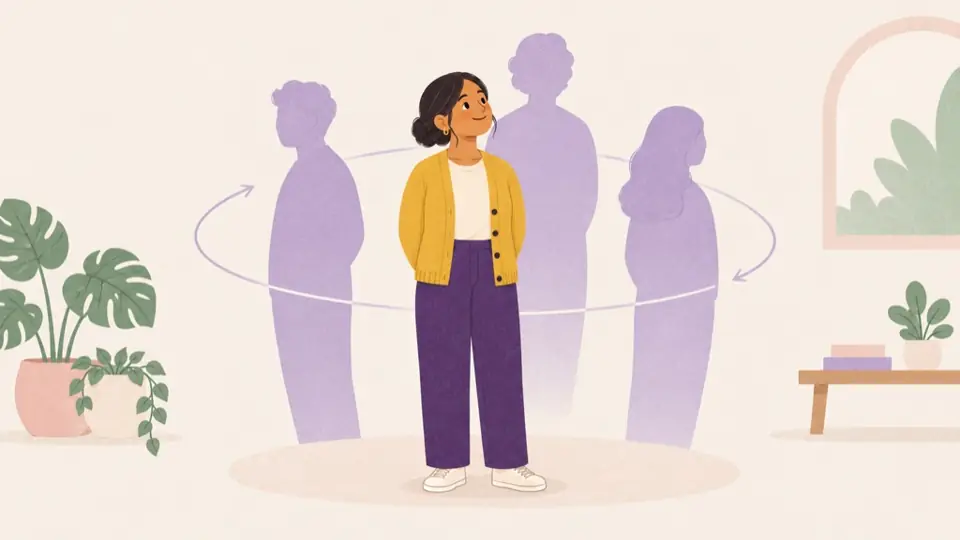 Priya standing inside a loop of faded figures from past relationships