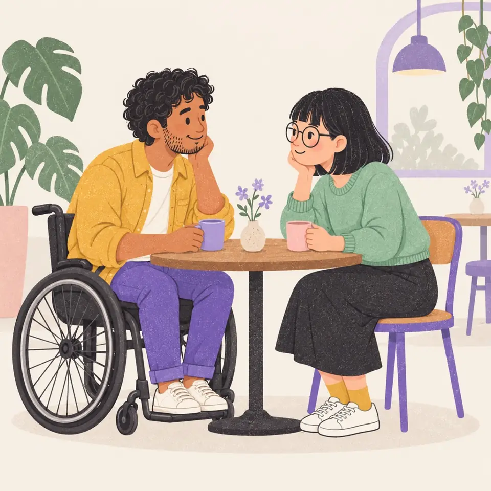Tomás and Mei talking at a café table