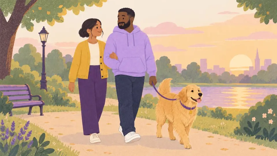 Priya and Kwame walking Coco in the park