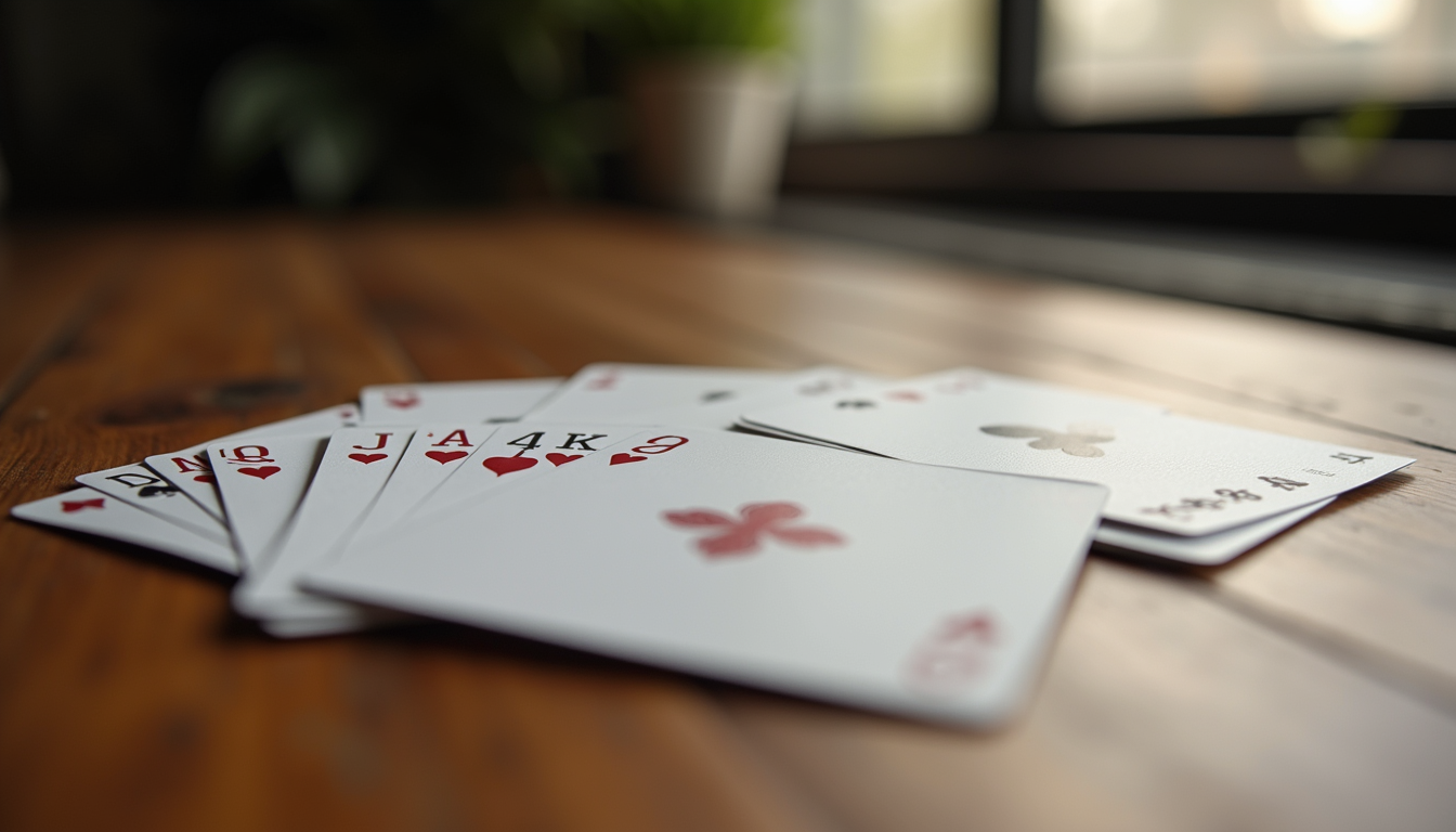 Close-up view of a connection card deck spread on a wooden table