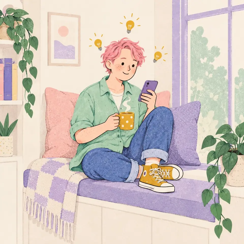 Sam learning on their phone with a cup of tea