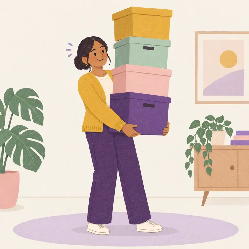 Priya carrying a tall stack of boxes for other people