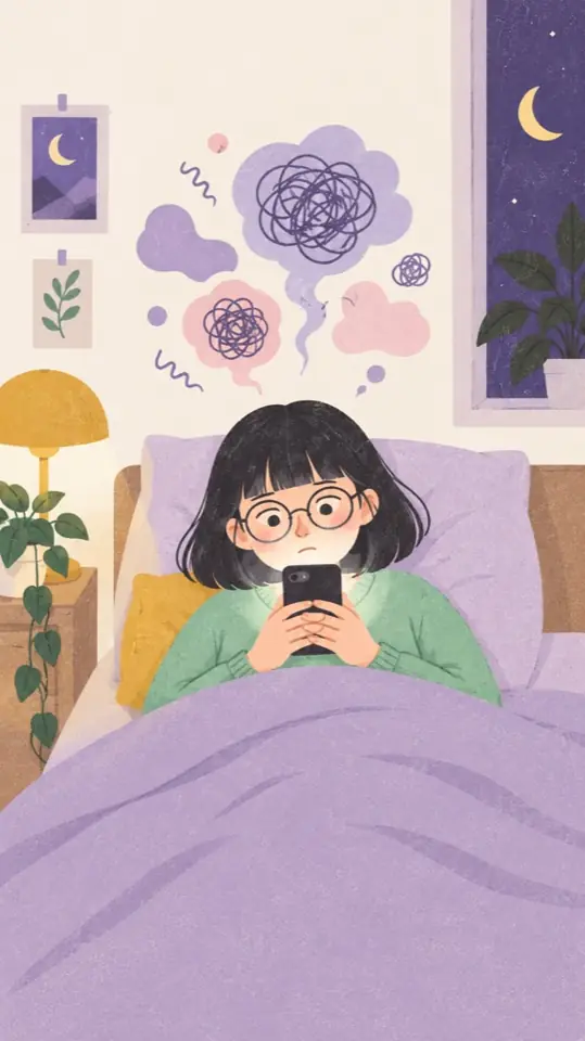Mei awake at night staring at her phone