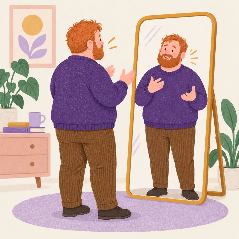Ollie rehearsing a conversation in a mirror