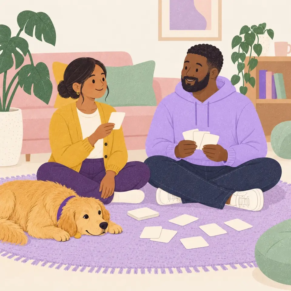 Priya and Kwame playing the card deck with Coco nearby